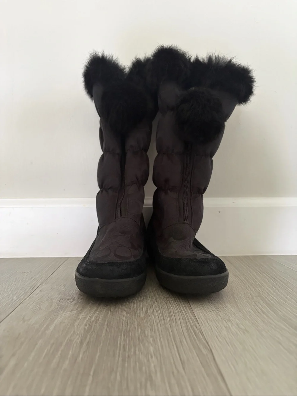Coach Black Quilted Pull-On Winter Boots with Fur Pom Trim